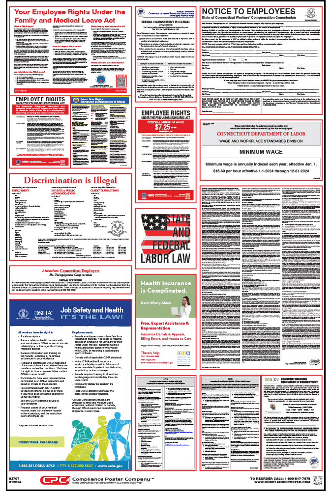 Laminated 2019 Connecticut Labor Law Posters CT2-27X40-ENG OSHA Compliant Vertical 27x40 All-in-One State and Federal Approved 