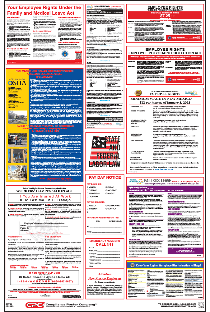 English, NM State 2020 New Mexico State and Federal Labor Law Poster Set - OSHA Compliant Laminated Posters Includes FFCRA Poster