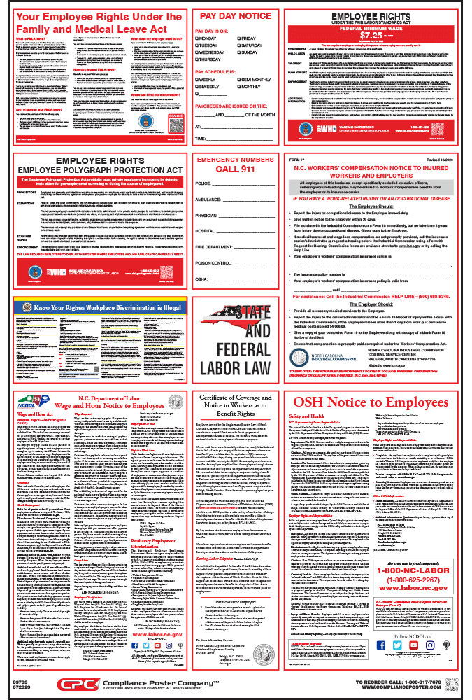 Laminated Mandatory All in One Poster State OSHA Compliant 2019 North Carolina Labor Law Poster Federal 