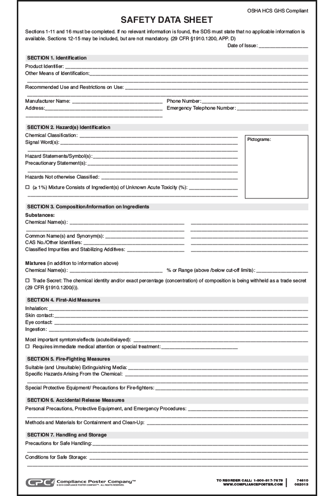 Osha Msds Printable Sheets