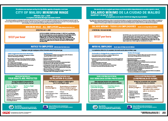 Malibu California Minimum Wage Poster