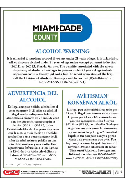 County Of Miami Dade Fl Alcohol Drinking Age Poster 6549