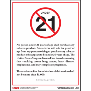 District of Columbia Warning Sign Tobacco Sales Under 21