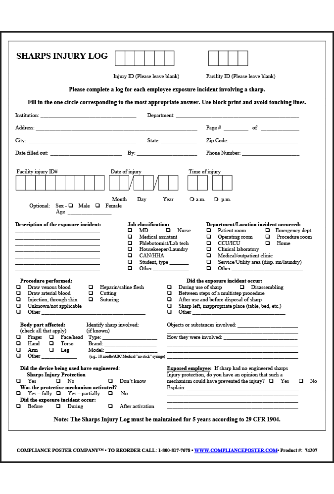 Sharps Injury Log Printable