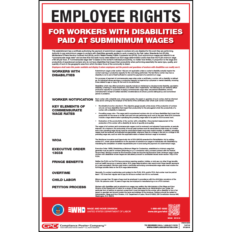 Federal Notice to Workers with Disabilities Poster Free Shipping 50+