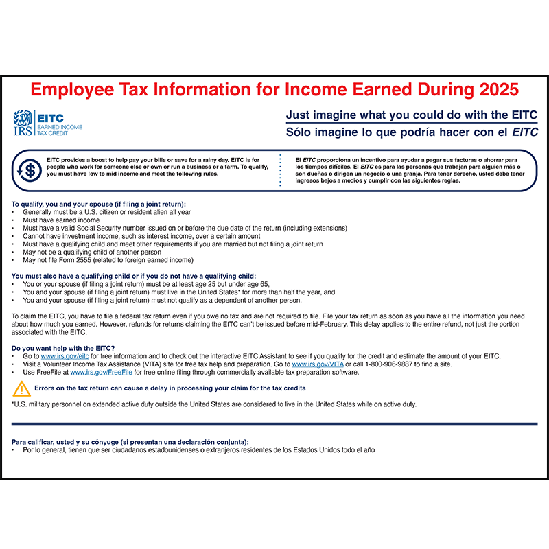 IRS Earned Tax Credit Wall Chart Compliance Poster Company