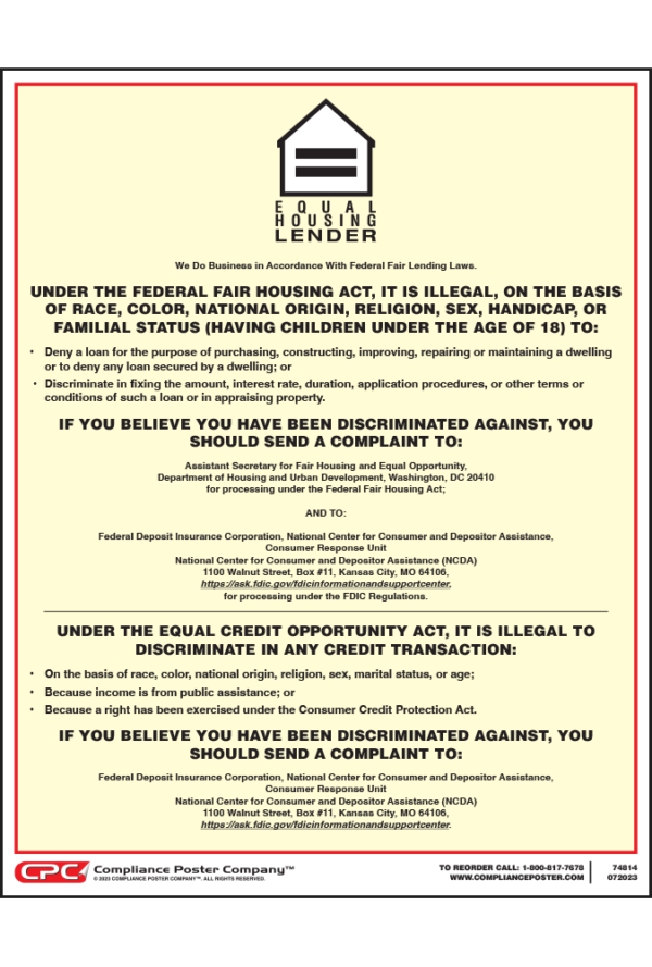 Federal Equal Housing Lender Poster FDIC Banks
