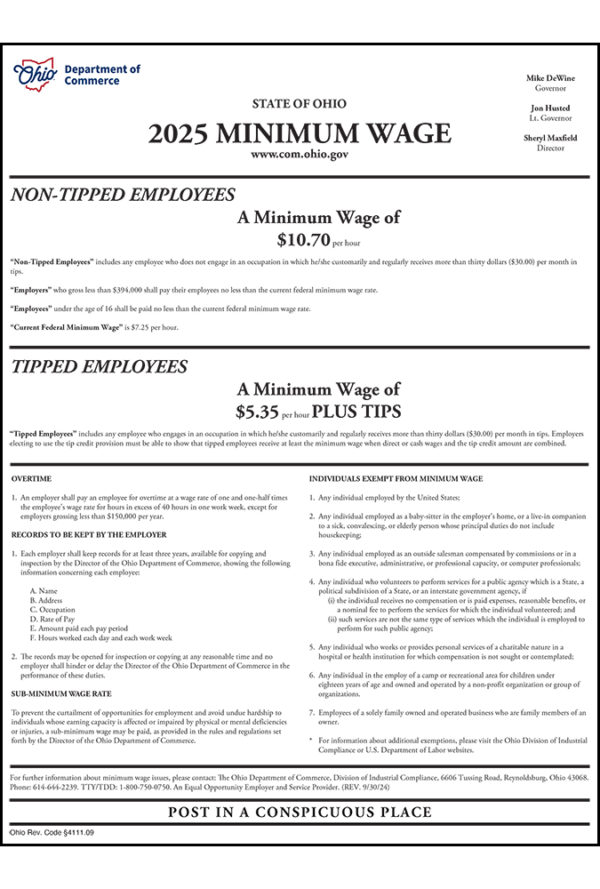 2019 Ohio Minimum Wage Notice Now Available Mandatory Poster for