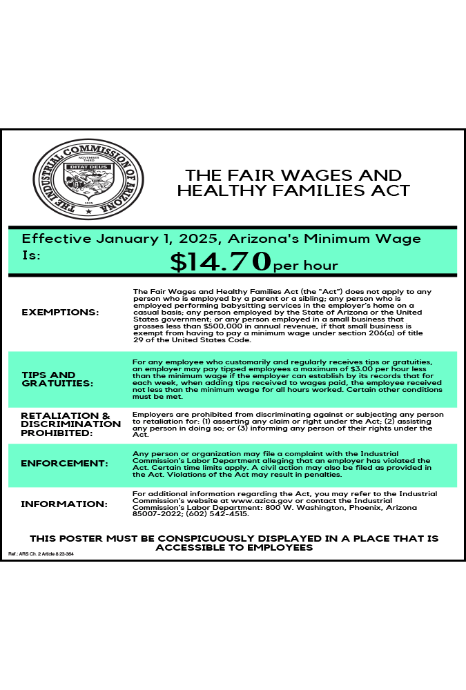 2024 Arizona Minimum Wage Peel' N Post Update Sticker 9.95