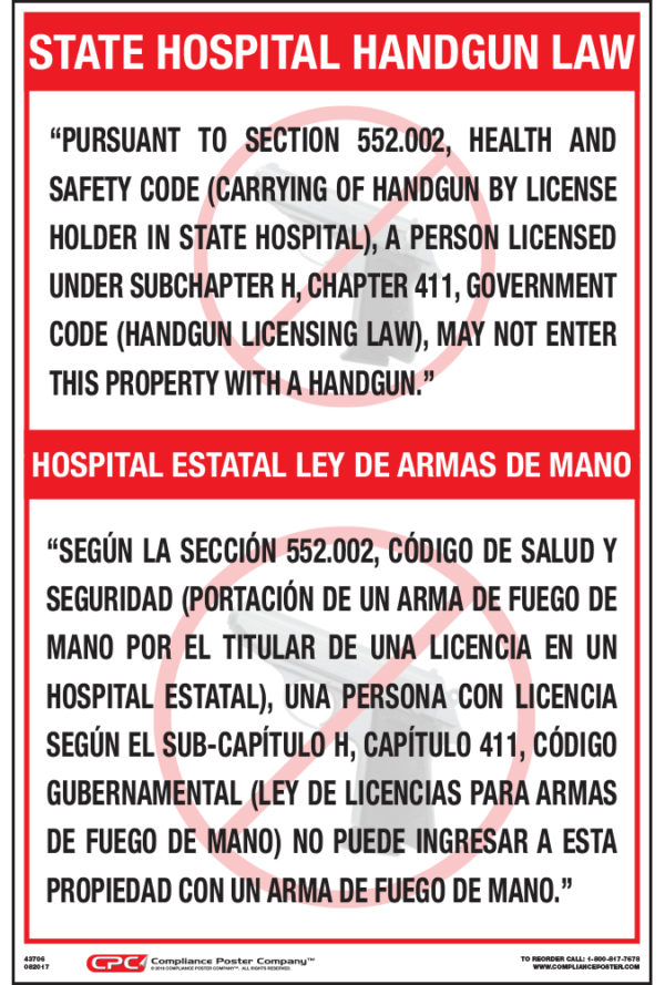 Texas Bilingual State Hospital Handgun Poster