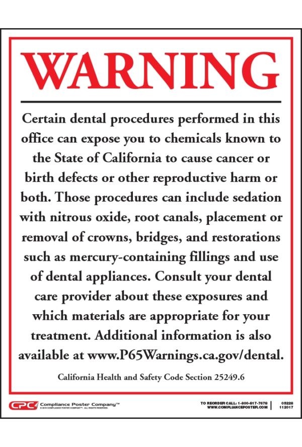 California Prop 65 Dental Care Exposure Warning Sign - English