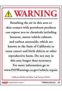 California Vehicle Repair Facilities Exposure Warning Sign - English