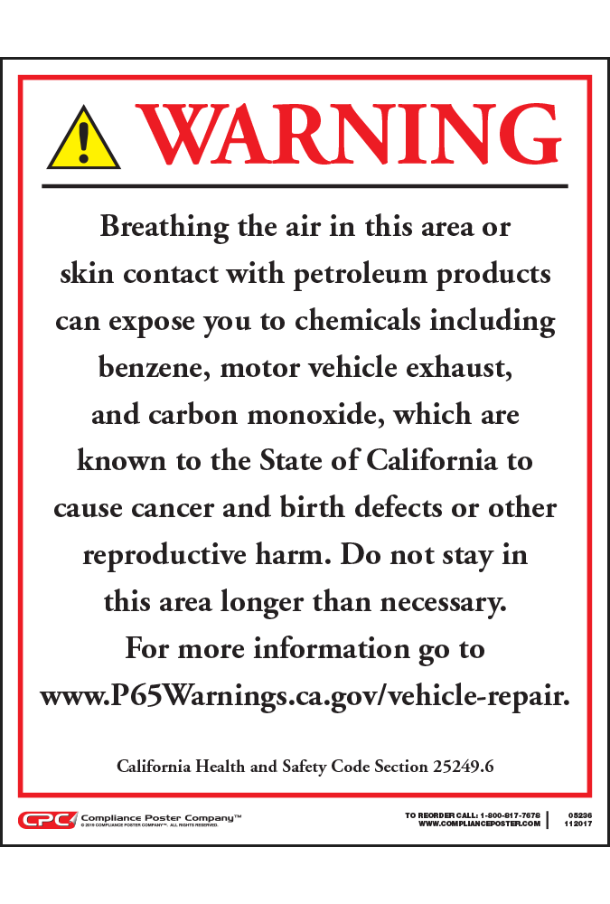 California Vehicle Repair Facilities Exposure Warning Sign - English