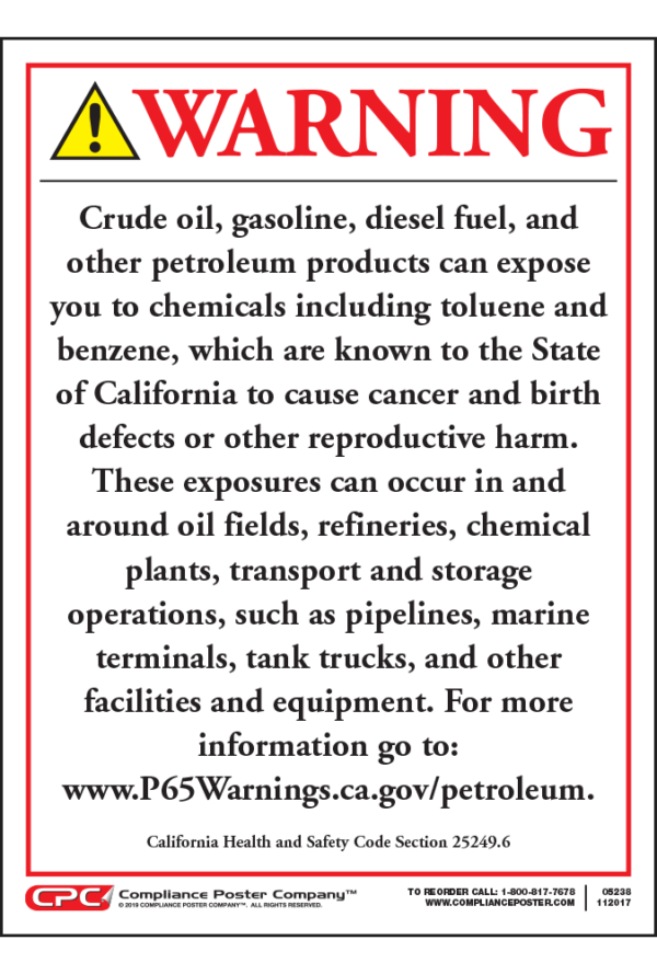 California Prop 65 Petroleum Products Exposure Warning Sign - English