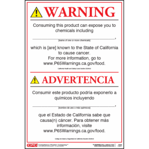 California Prop 65 Food Product Cancer Warning Sign