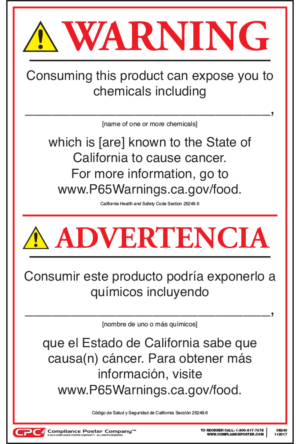 California Prop 65 Food Product Cancer Warning Sign