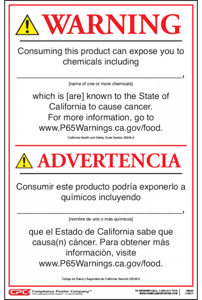 California Prop 65 Food Exposure Warning Sign