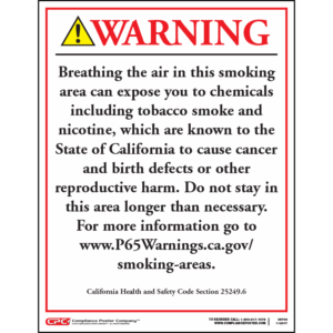 California Prop 65 Designated Smoking Area Exposure Warning Sign - English