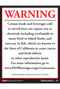 65 prop california warning sign posters restaurants poster warnings food regulations require exposure beverage alcoholic non required complianceposter