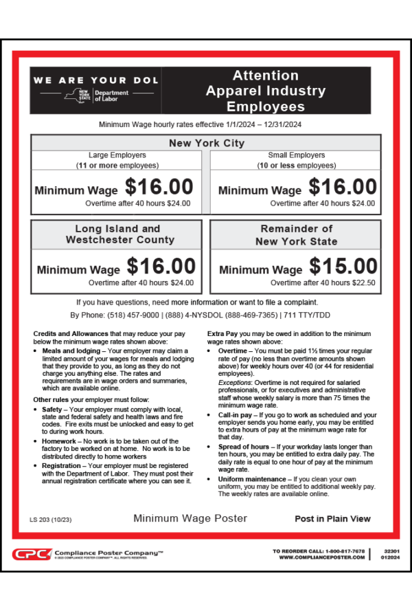 New York Apparel Industry Employees Wage Order
