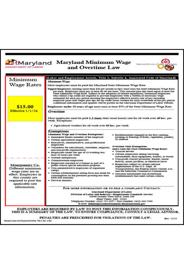 Maryland 2024 Minimum Wage and Overtime Law AllOnOne Poster Peel 'N