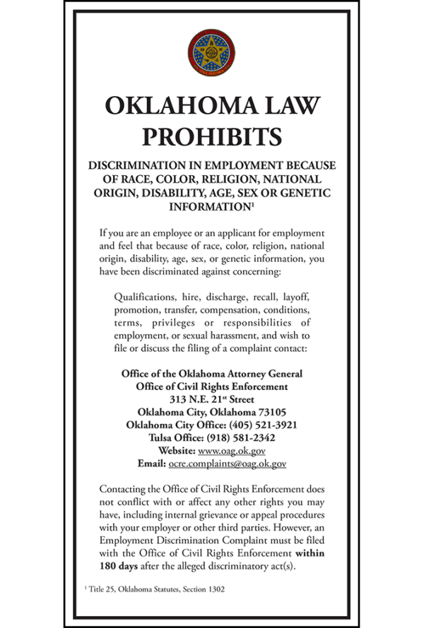 Oklahoma Law Prohibits Discrimination Poster Peel 'N Post