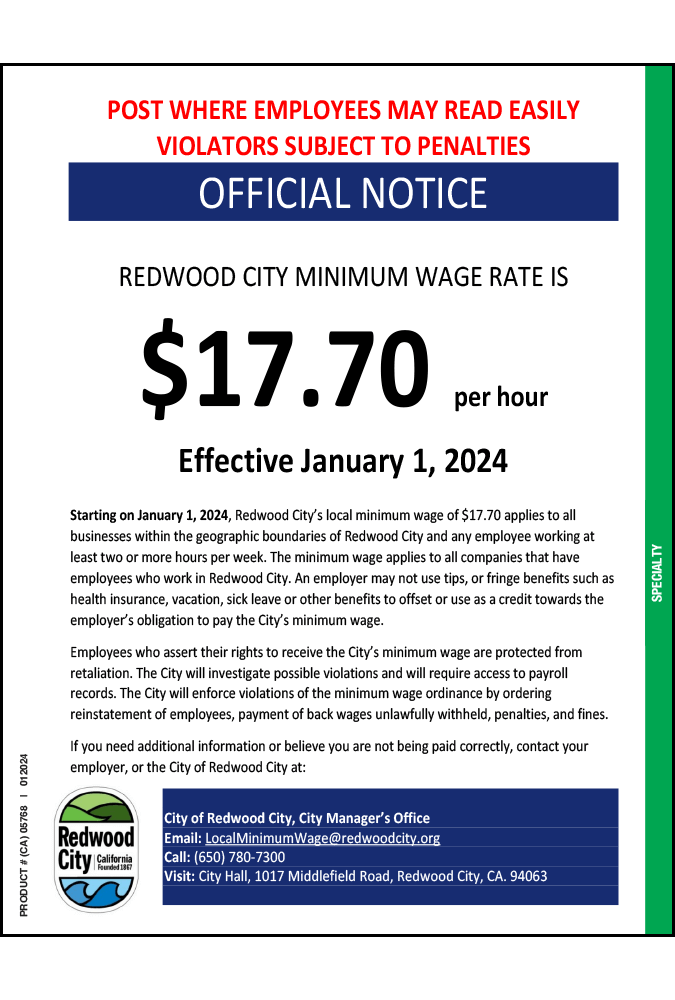 Redwood City, CA Minimum Wage MPP Addon Compliance Poster Company