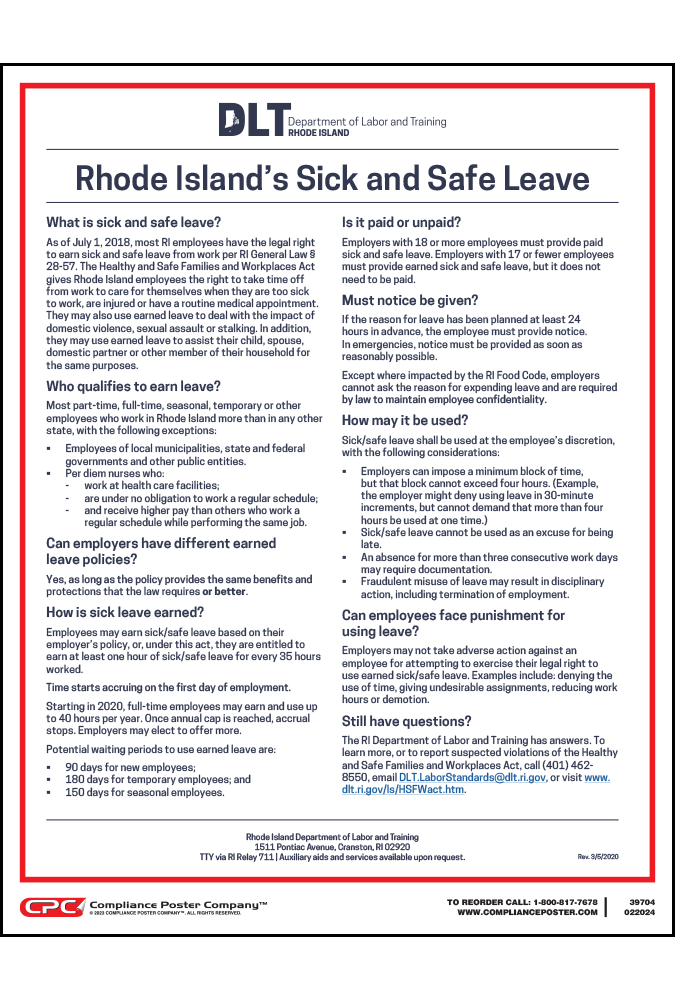 Rhode Island Sick And Safe Leave Poster