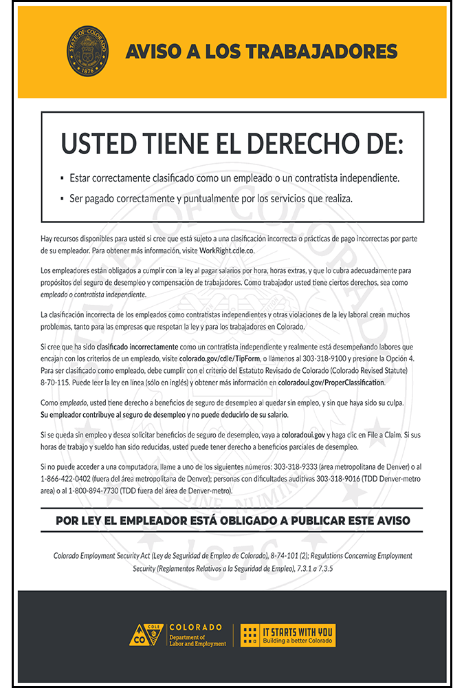 2019 Colorado Unemployment Notice - Peel 'N Post for Spanish Poster