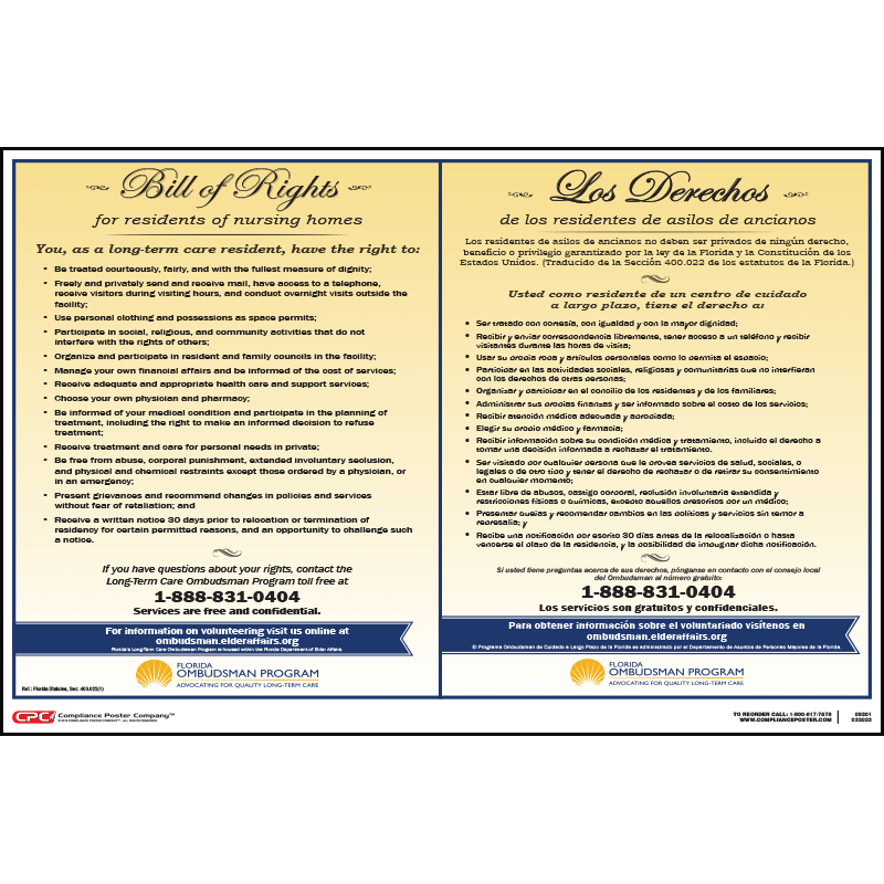 Resident Rights Sign Florida Nursing Home Residents Bill of Rights