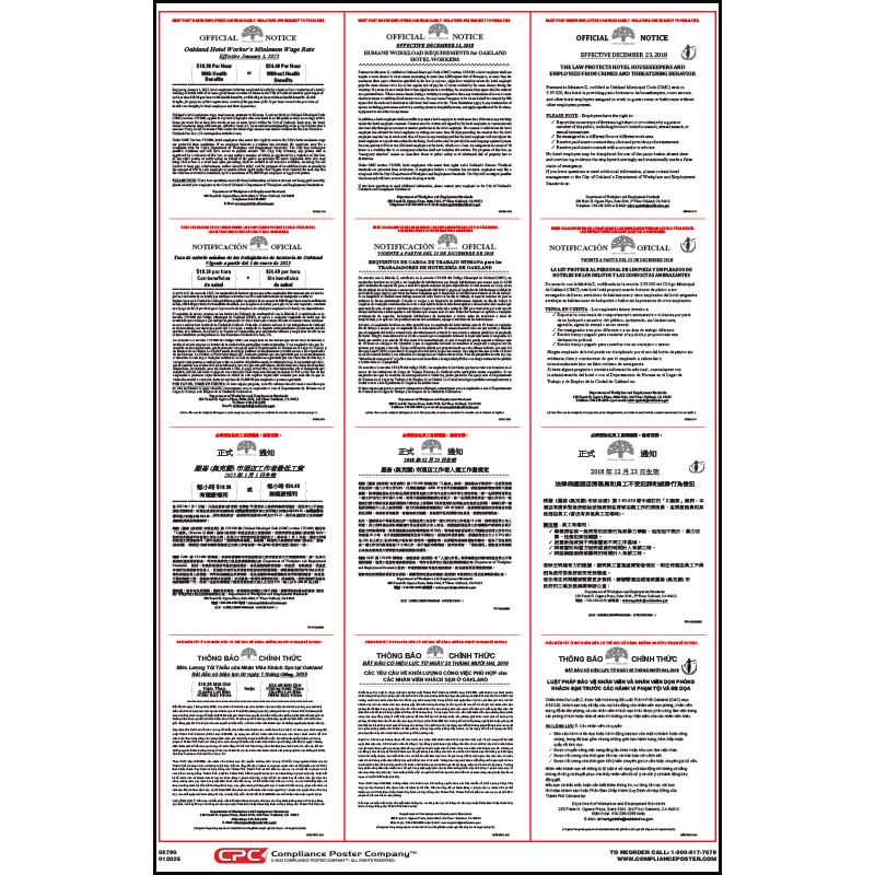 Oakland, CA Hotel Minimum Wage and Working Conditions Poster