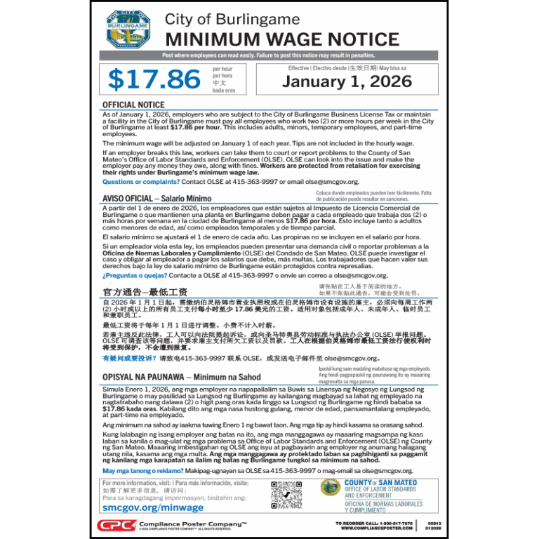 Burlingame, California Minimum Wage Poster - Compliance Poster Company