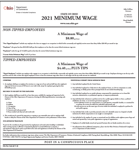 Ohio 2021 Minimum Wage Compliance Poster Company