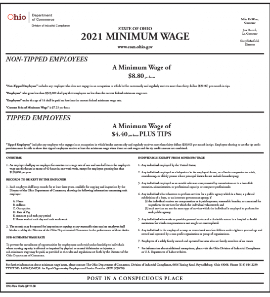 Ohio 2021 Minimum Wage Compliance Poster Company