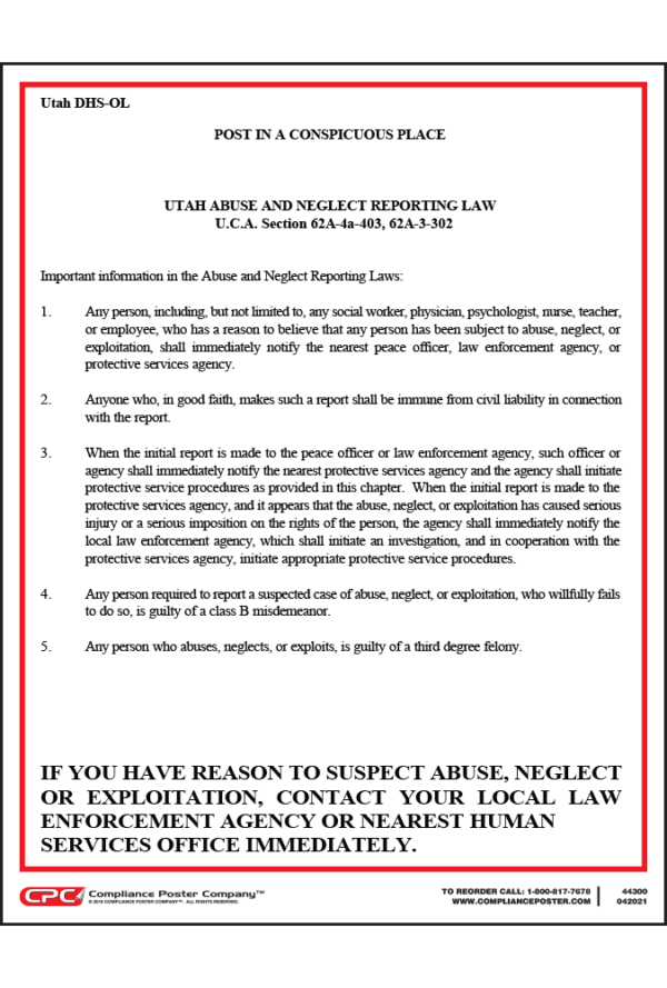 Utah Abuse and Neglect Reporting Law Poster
