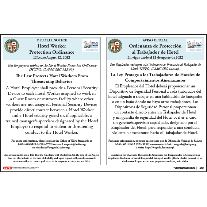 City of Los Angeles, CA Hotel Worker Protection Ordinance Poster