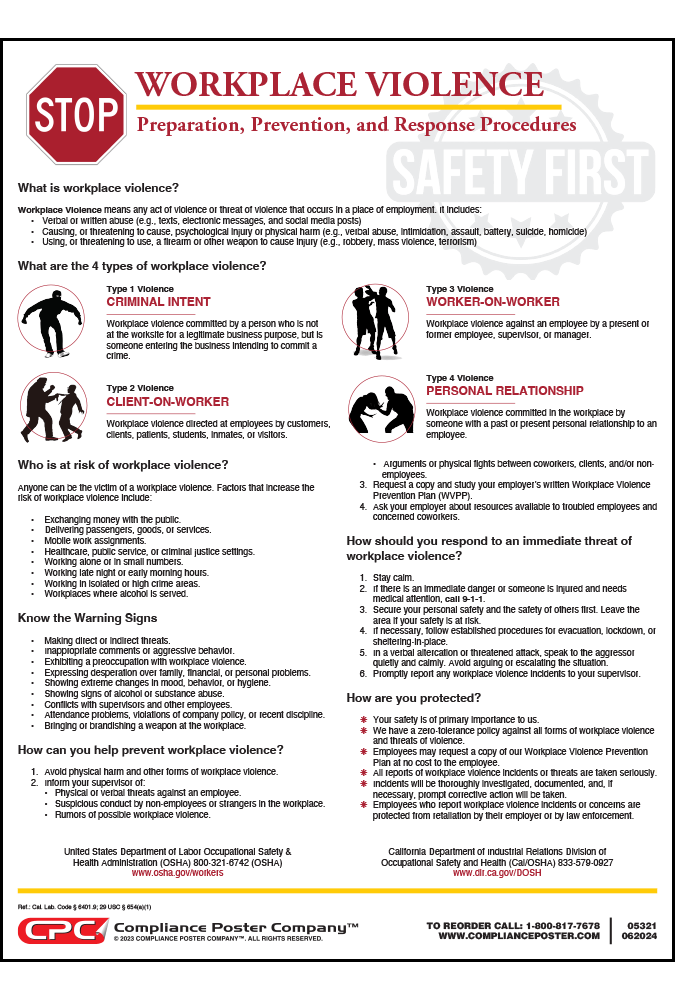 California Workplace Violence Poster Compliance Poster Company California Workplace Violence Poster Compliance Poster Company