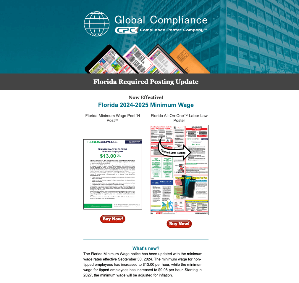 Florida 2024 Minimum Wage Update Required Compliance Poster Company